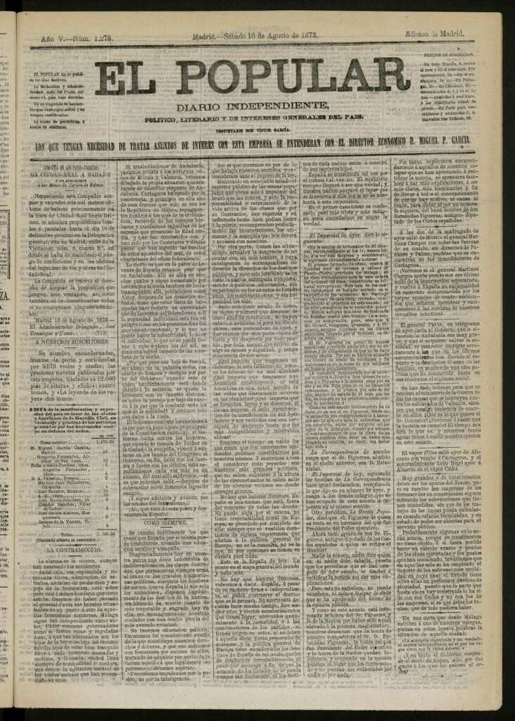 Miniatura de El Popular: diario independiente, político, literario y de noticias de interés general del 16 de agosto de 1873, nº 1278