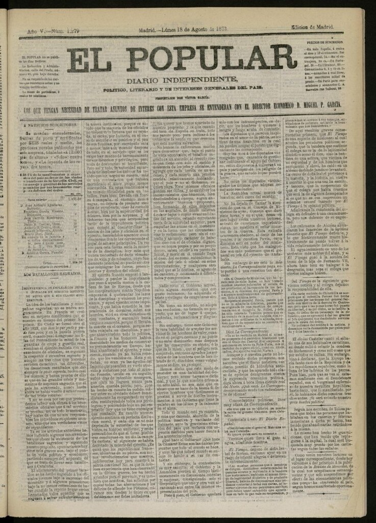 Miniatura de El Popular: diario independiente, político, literario y de noticias de interés general del 18 de agosto de 1873, nº 1279