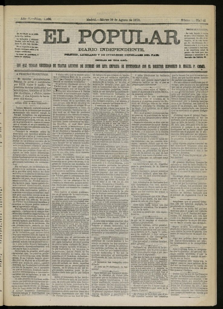Miniatura de El Popular: diario independiente, político, literario y de noticias de interés general del 19 de agosto de 1873, nº 1280