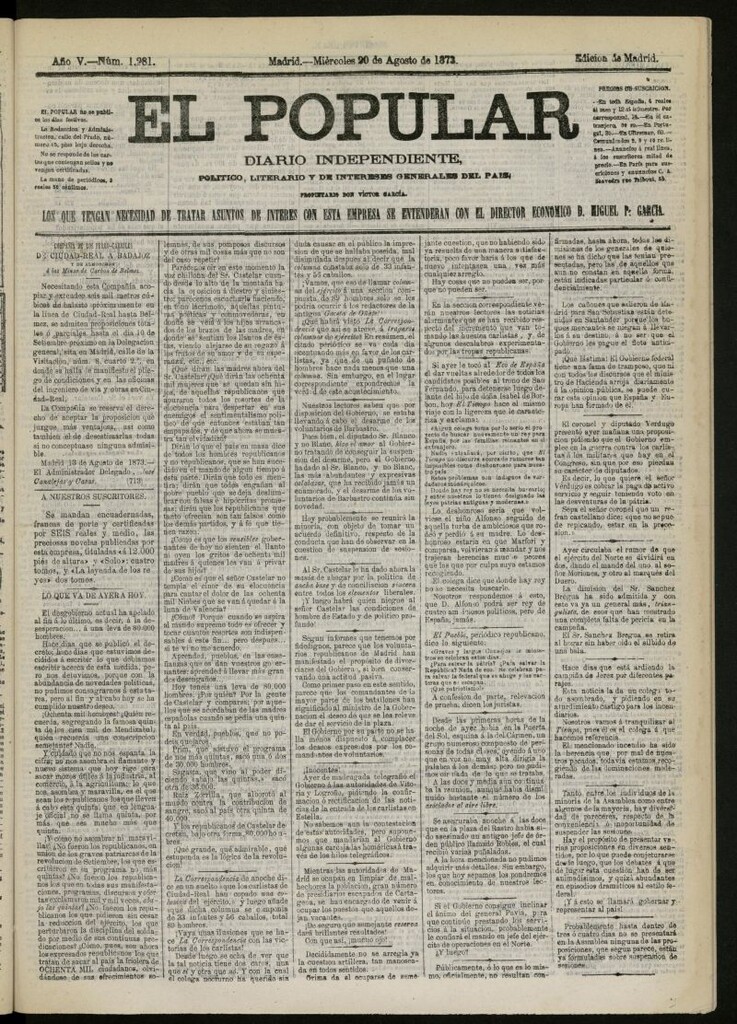 Miniatura de El Popular: diario independiente, político, literario y de noticias de interés general del 20 de agosto de 1873, nº 1281