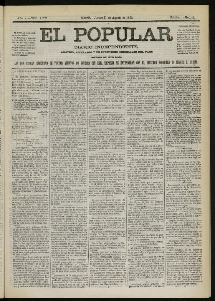 Miniatura de El Popular: diario independiente, político, literario y de noticias de interés general del 21 de agosto de 1873, nº 1282