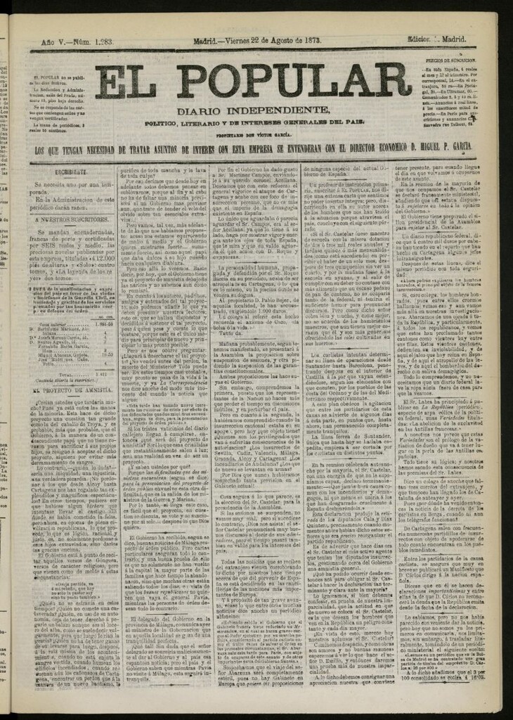 Miniatura de El Popular: diario independiente, político, literario y de noticias de interés general del 22 de agosto de 1873, nº 1283