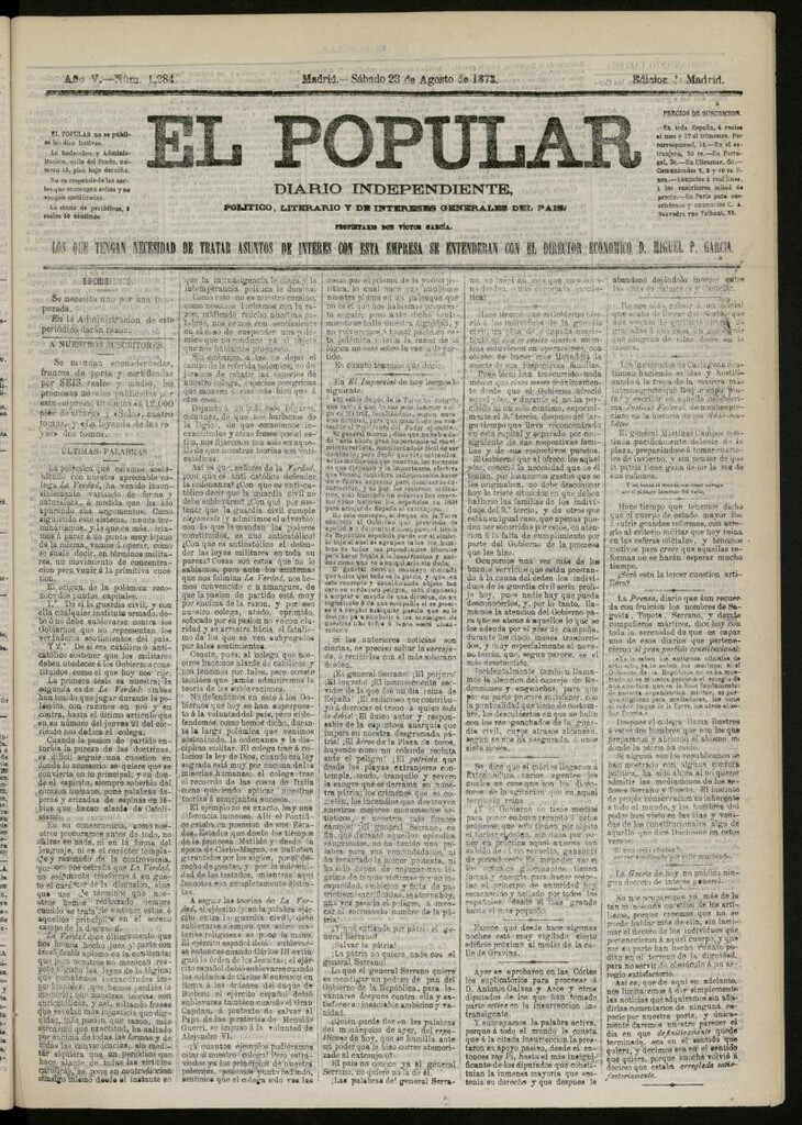 Miniatura de El Popular: diario independiente, político, literario y de noticias de interés general del 23 de agosto de 1873, nº 1284