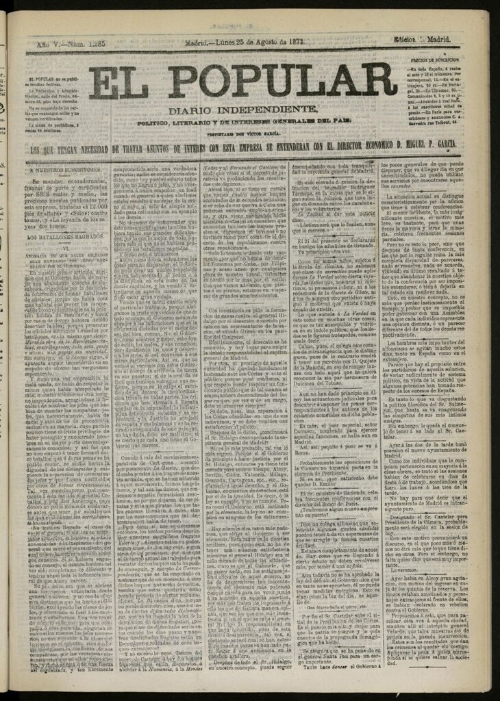 Miniatura de El Popular: diario independiente, político, literario y de noticias de interés general del 25 de agosto de 1873, nº 1285