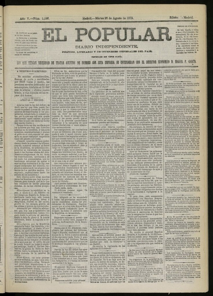 Miniatura de El Popular: diario independiente, político, literario y de noticias de interés general del 26 de agosto de 1873, nº 1286