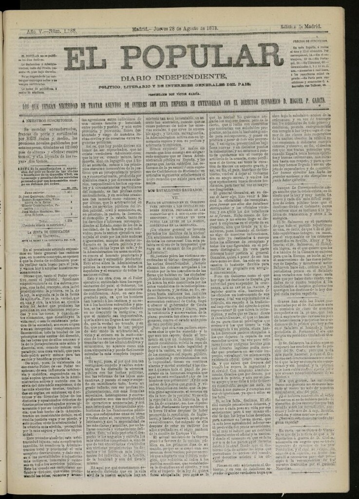 Miniatura de El Popular: diario independiente, político, literario y de noticias de interés general del 28 de agosto de 1873, nº 1288
