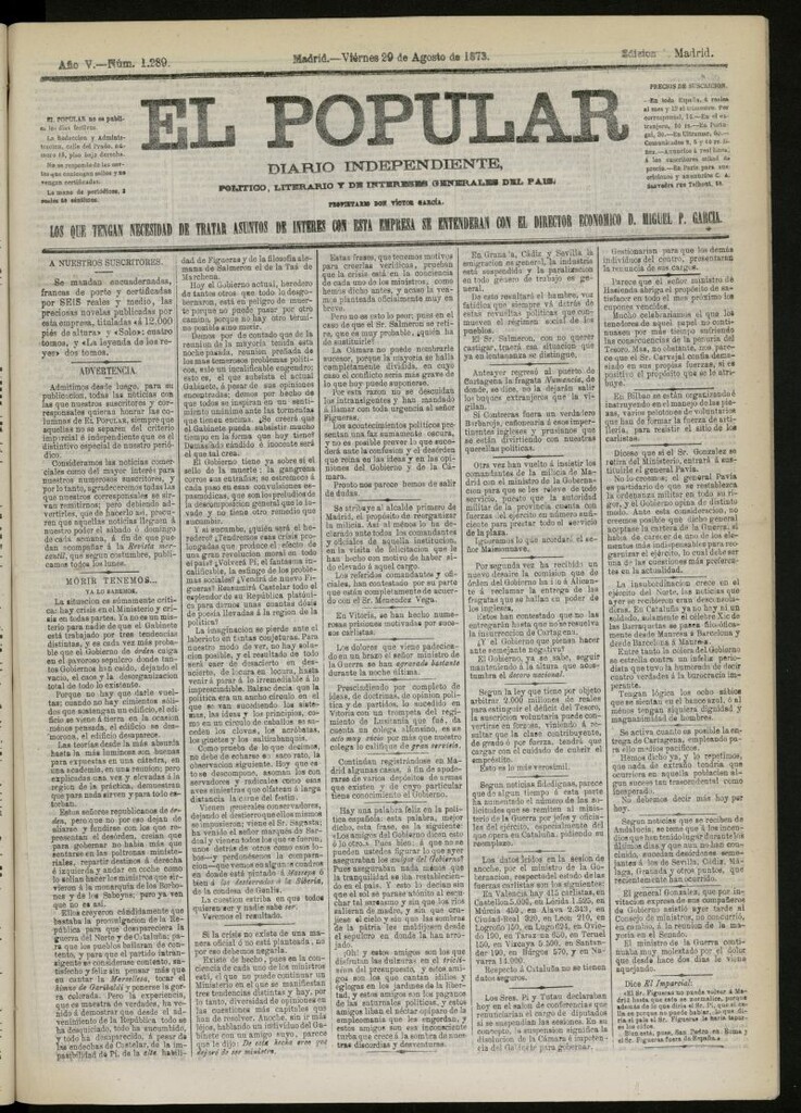 Miniatura de El Popular: diario independiente, político, literario y de noticias de interés general del 29 de agosto de 1873, nº 1289