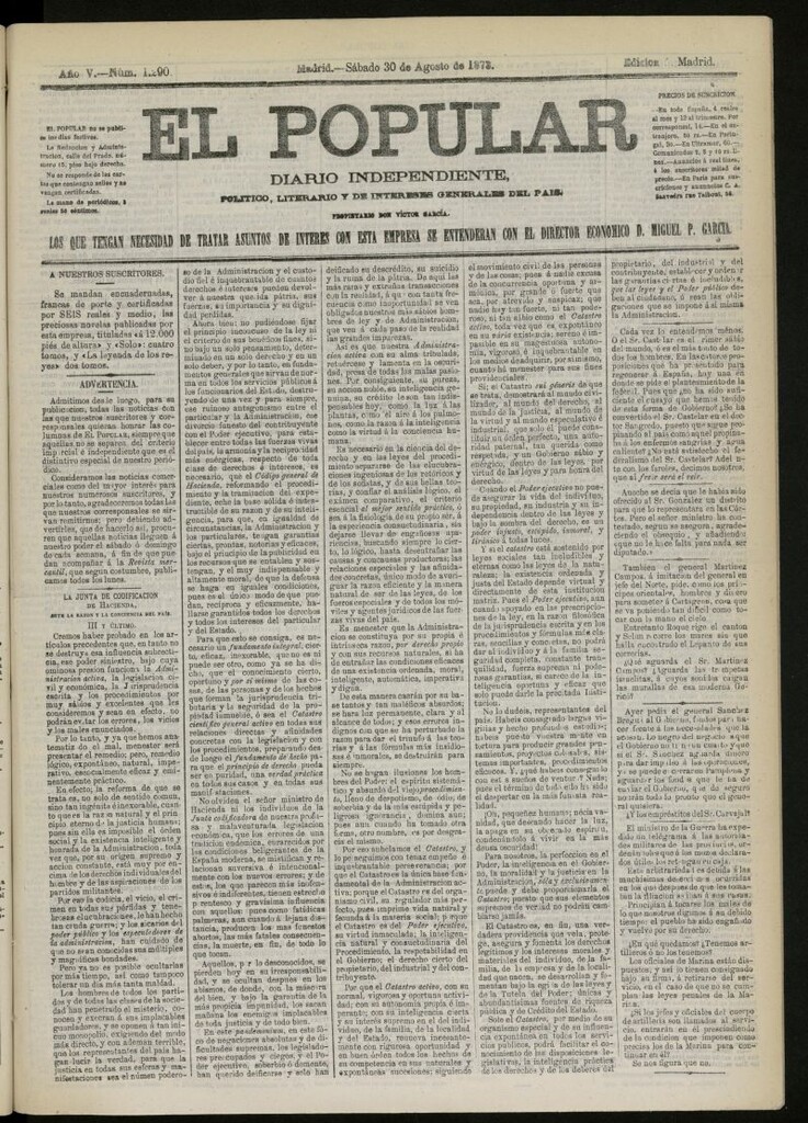 Miniatura de El Popular: diario independiente, político, literario y de noticias de interés general del 30 de agosto de 1873, nº 1290