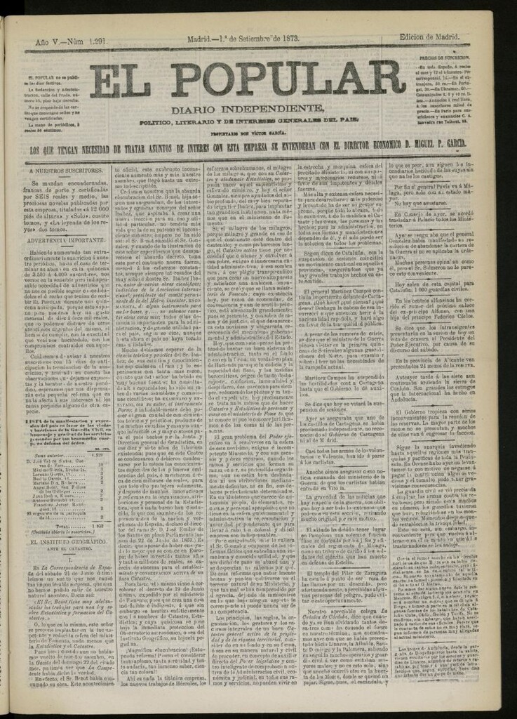 Miniatura de El Popular: diario independiente, político, literario y de noticias de interés general del 1 de septiembre de 1873, nº 1291