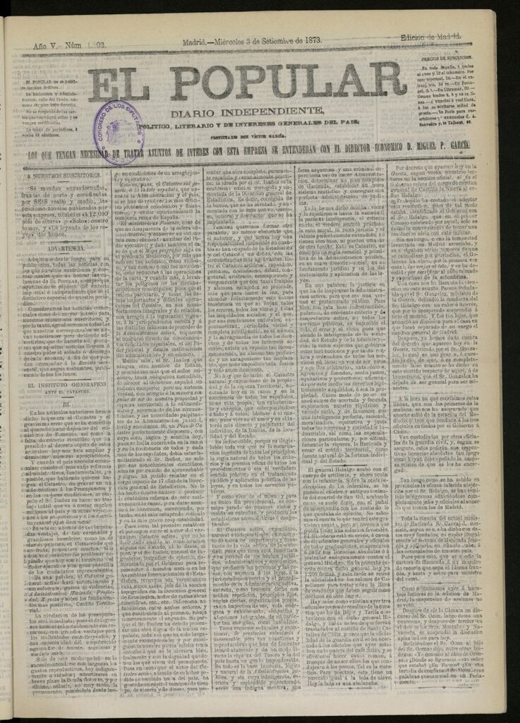Miniatura de El Popular: diario independiente, político, literario y de noticias de interés general del 3 de septiembre de 1873, nº 1293