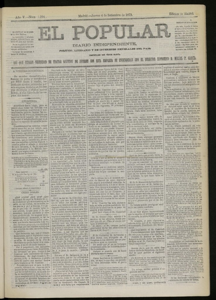 Miniatura de El Popular: diario independiente, político, literario y de noticias de interés general del 4 de septiembre de 1873, nº 1294