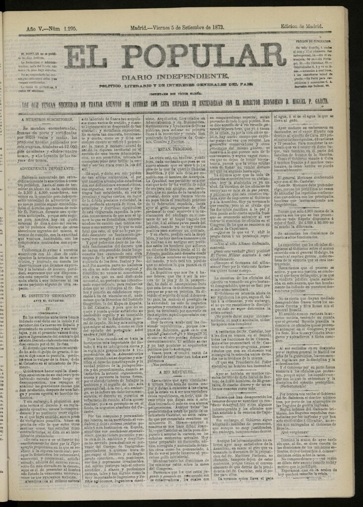 Miniatura de El Popular: diario independiente, político, literario y de noticias de interés general del 5 de septiembre de 1873, nº 1295