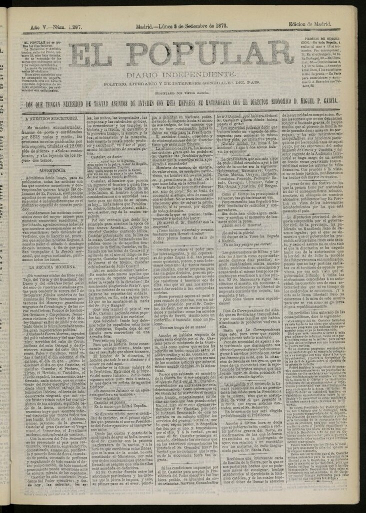 Miniatura de El Popular: diario independiente, político, literario y de noticias de interés general del 8 de septiembre de 1873, nº 1297