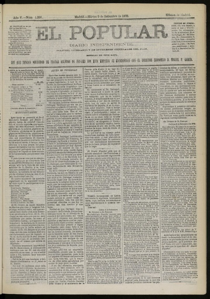Miniatura de El Popular: diario independiente, político, literario y de noticias de interés general del 9 de septiembre de 1873, nº 1298