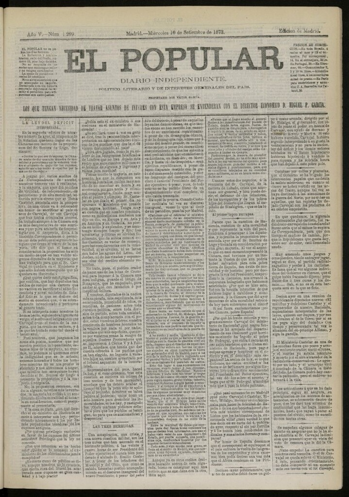 Miniatura de El Popular: diario independiente, político, literario y de noticias de interés general del 10 de septiembre de 1873, nº 1299