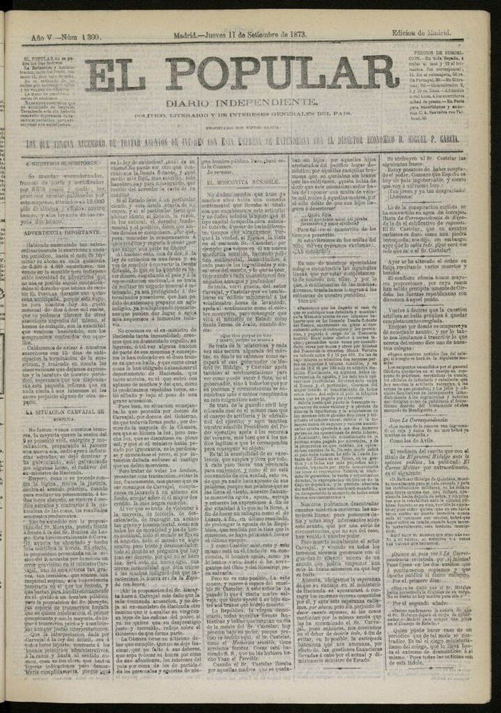 Miniatura de El Popular: diario independiente, político, literario y de noticias de interés general del 11 de septiembre de 1873, nº 1300