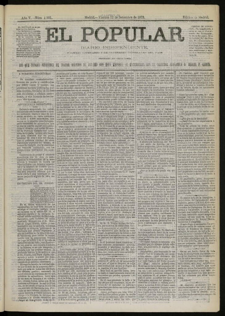 Miniatura de El Popular: diario independiente, político, literario y de noticias de interés general del 12 de septiembre de 1873, nº 1301