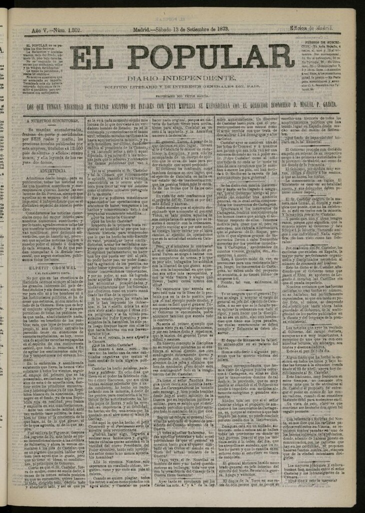 Miniatura de El Popular: diario independiente, político, literario y de noticias de interés general del 13 de septiembre de 1873, nº 1302