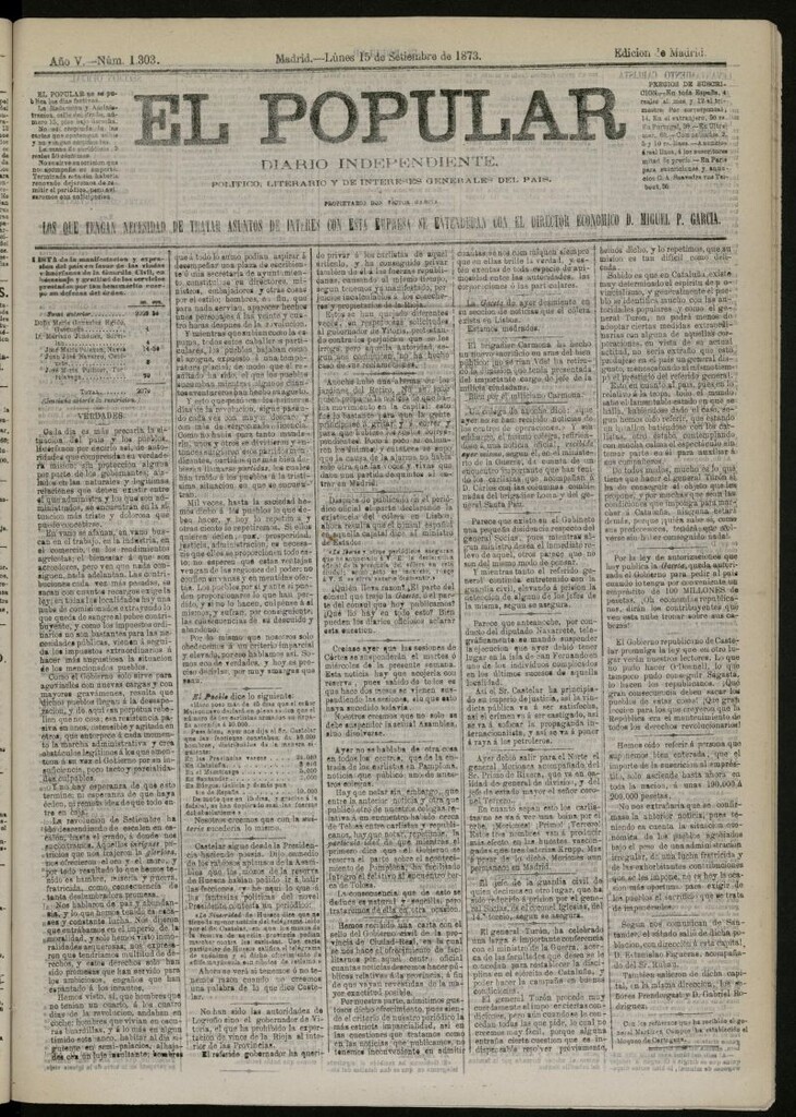 Miniatura de El Popular: diario independiente, político, literario y de noticias de interés general del 15 de septiembre de 1873, nº 1303