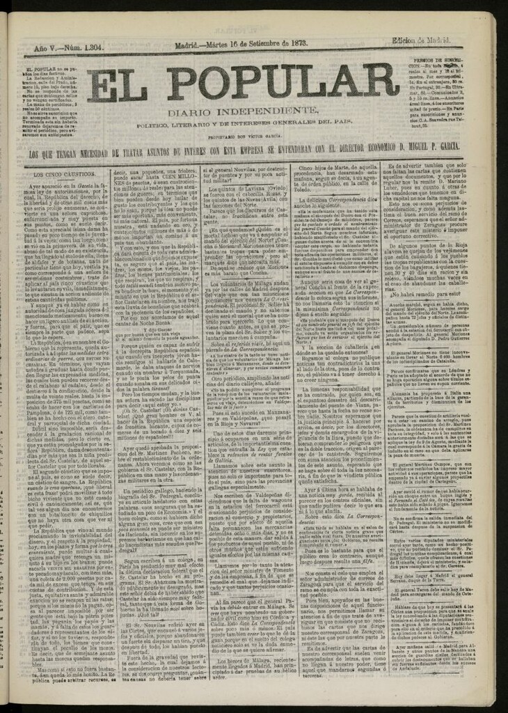 Miniatura de El Popular: diario independiente, político, literario y de noticias de interés general del 16 de septiembre de 1873, nº 1304