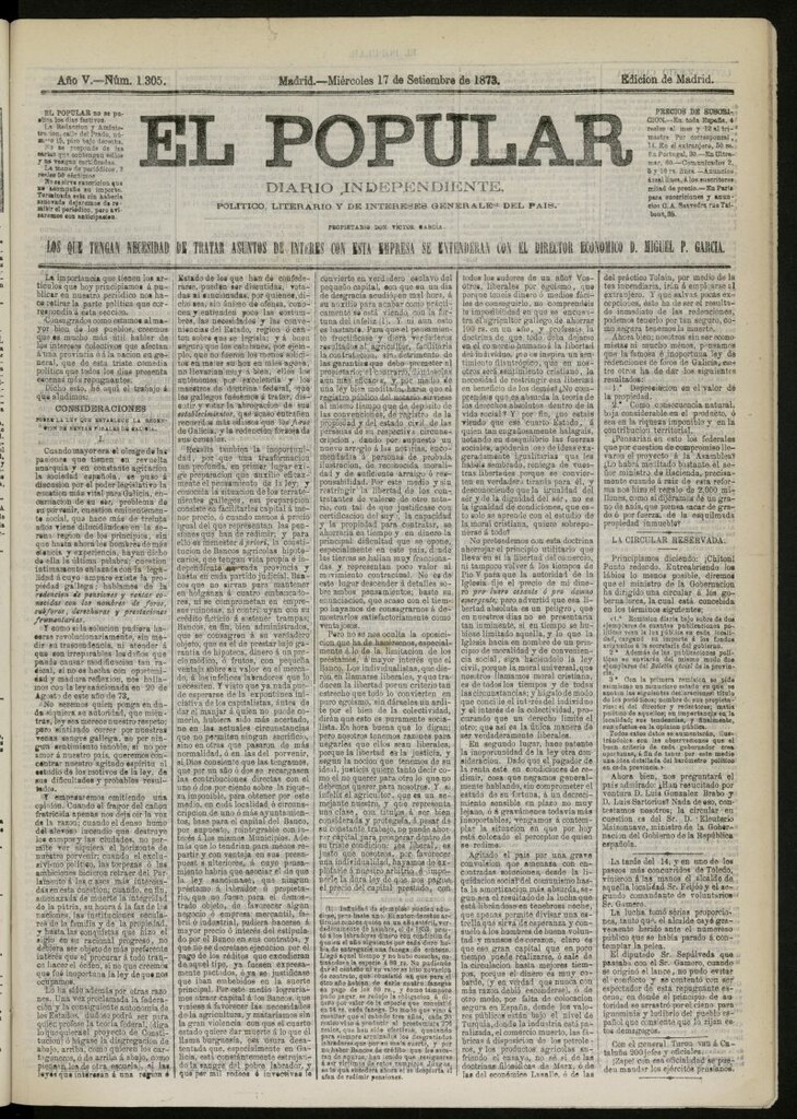 Miniatura de El Popular: diario independiente, político, literario y de noticias de interés general del 17 de septiembre de 1873, nº 1305