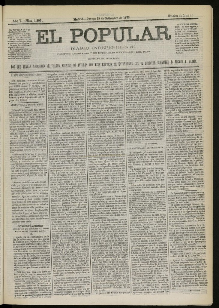Miniatura de El Popular: diario independiente, político, literario y de noticias de interés general del 18 de septiembre de 1873, nº 1306