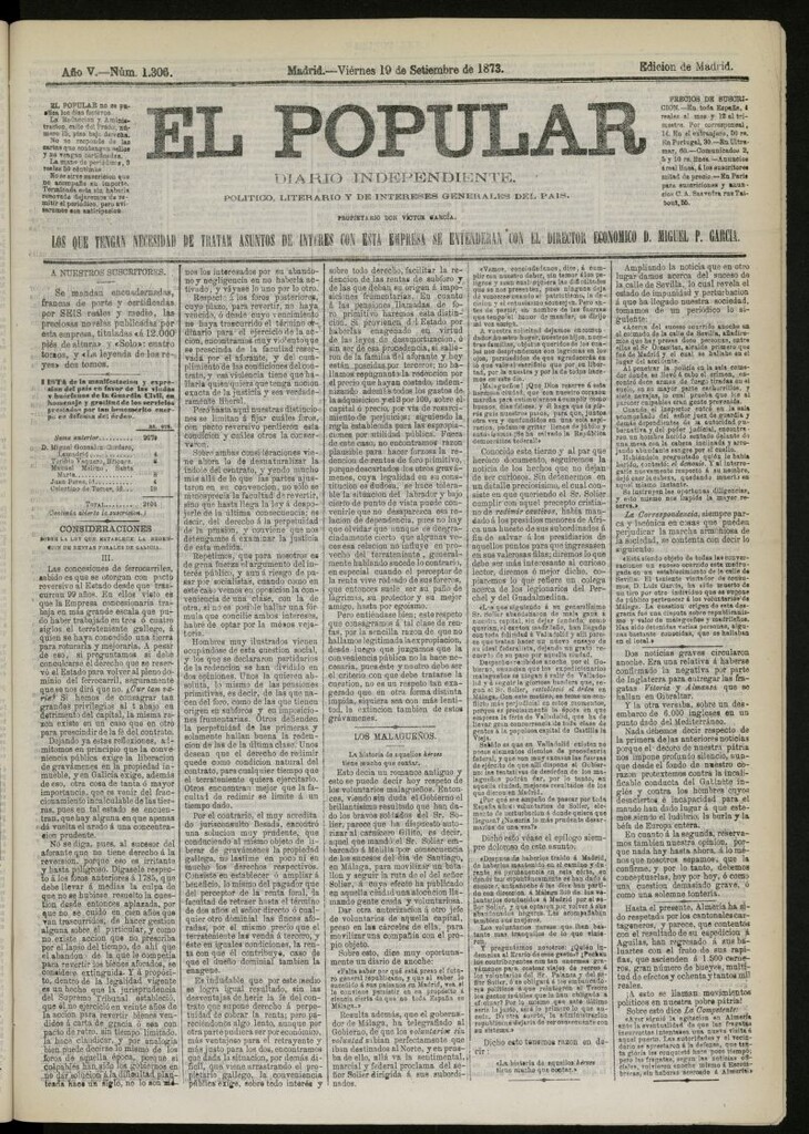 Miniatura de El Popular: diario independiente, político, literario y de noticias de interés general del 19 de septiembre de 1873, nº 1306