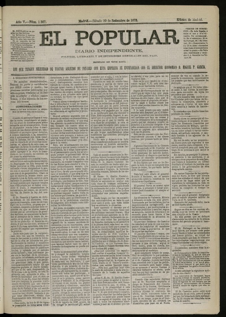 Miniatura de El Popular: diario independiente, político, literario y de noticias de interés general del 20 de septiembre de 1873, nº 1307