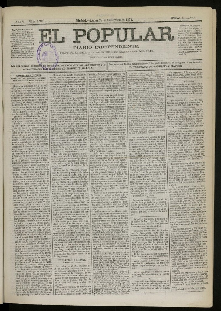 Miniatura de El Popular: diario independiente, político, literario y de noticias de interés general del 22 de septiembre de 1873, nº 1308