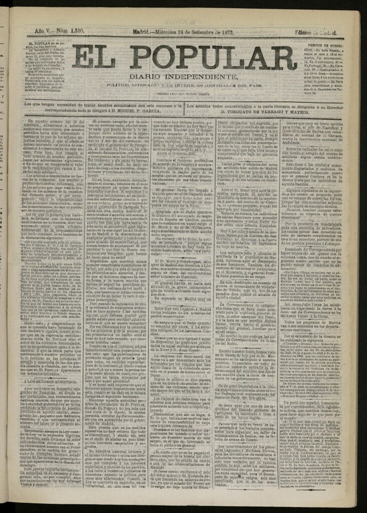 Miniatura de El Popular: diario independiente, político, literario y de noticias de interés general del 24 de septiembre de 1873, nº 1310