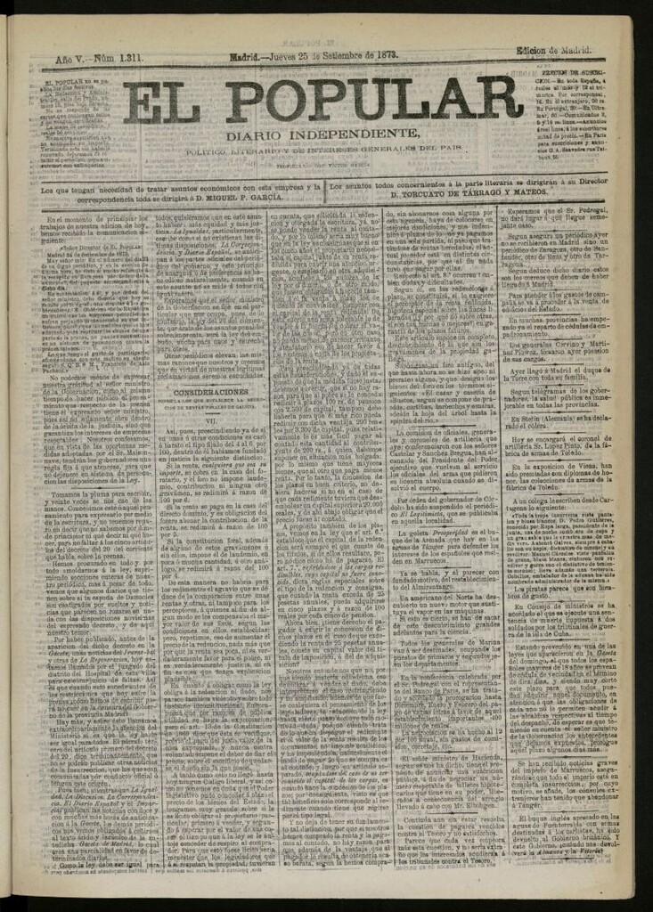 Miniatura de El Popular: diario independiente, político, literario y de noticias de interés general del 25 de septiembre de 1873, nº 1311