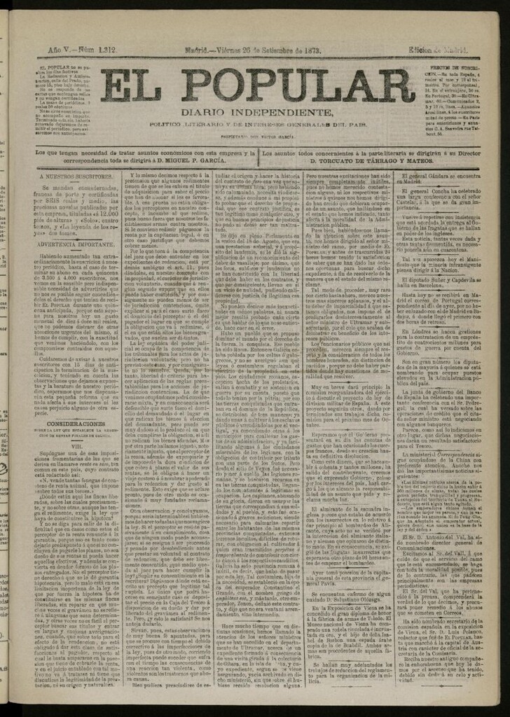 Miniatura de El Popular: diario independiente, político, literario y de noticias de interés general del 26 de septiembre de 1873, nº 1312