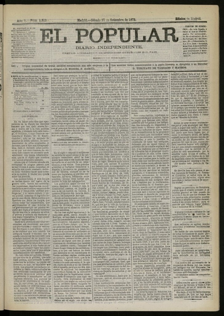 Miniatura de El Popular: diario independiente, político, literario y de noticias de interés general del 27 de septiembre de 1873, nº 1313
