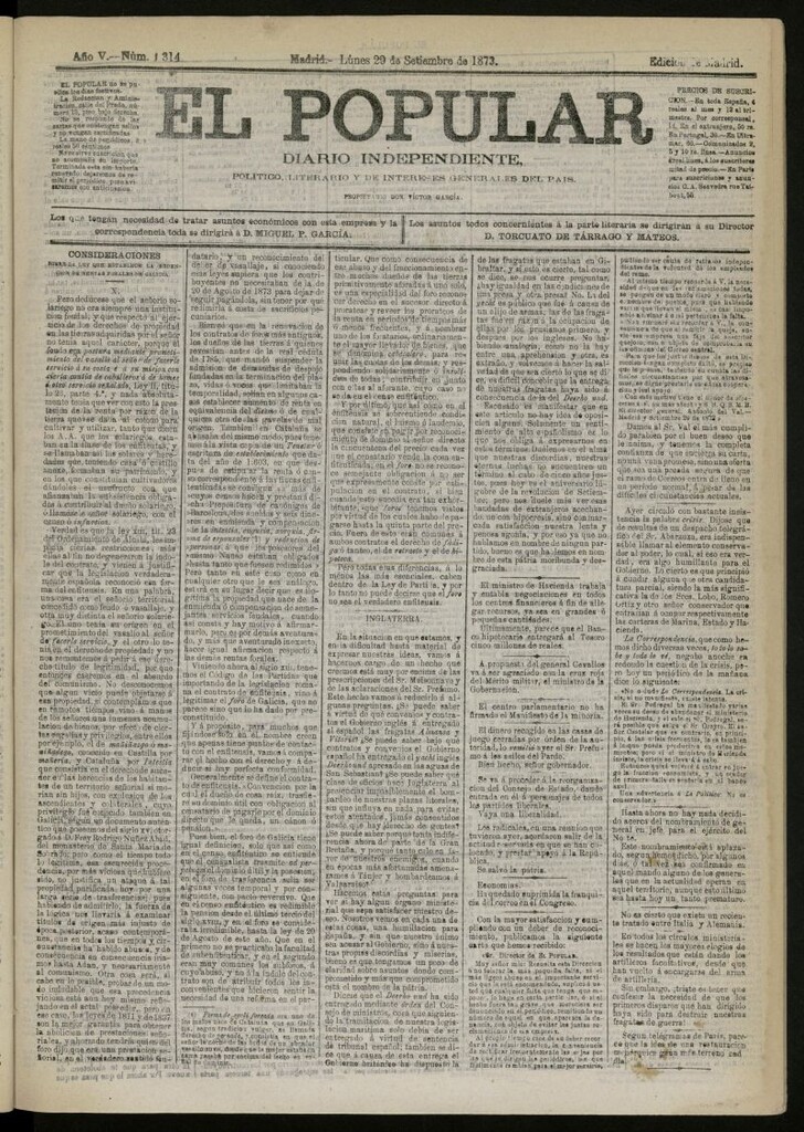 Miniatura de El Popular: diario independiente, político, literario y de noticias de interés general del 29 de septiembre de 1873, nº 1314