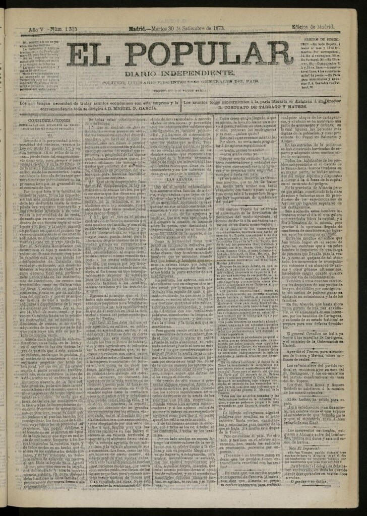Miniatura de El Popular: diario independiente, político, literario y de noticias de interés general del 30 de septiembre de 1873, nº 1315