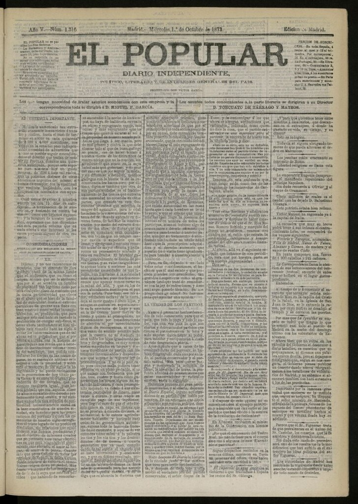 Miniatura de El Popular: diario independiente, político, literario y de noticias de interés general del 1 de octubre de 1873, nº 1316
