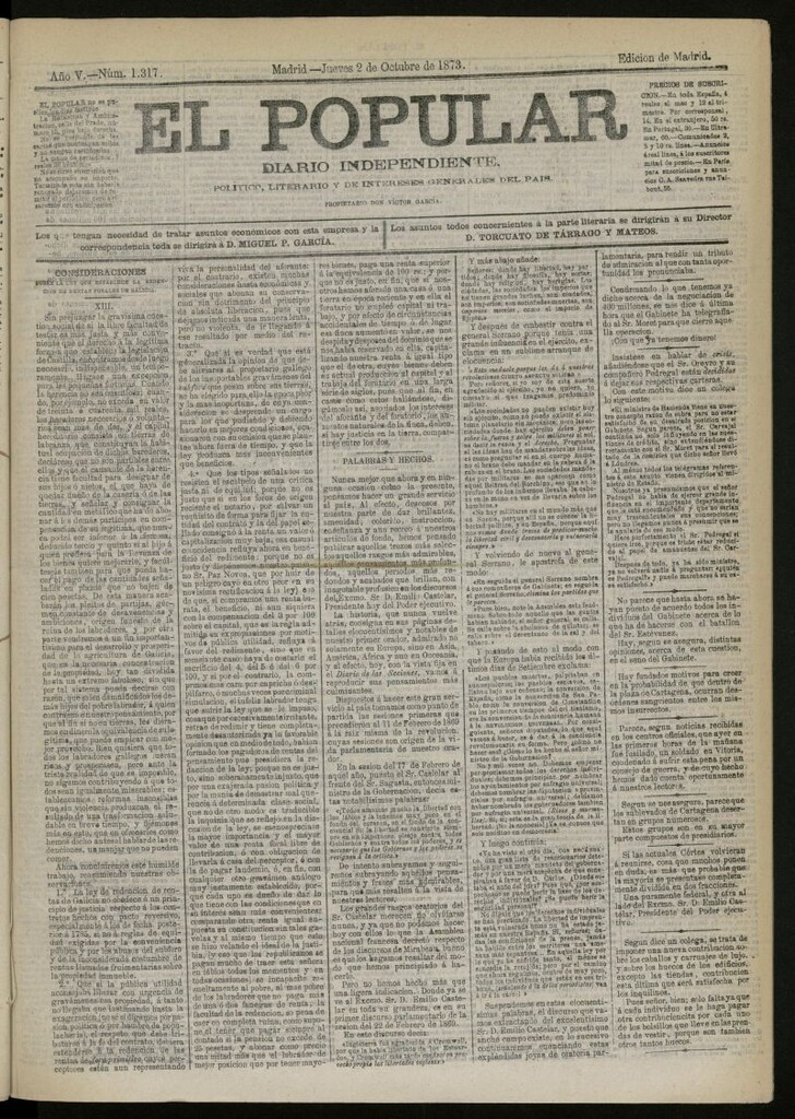 Miniatura de El Popular: diario independiente, político, literario y de noticias de interés general del 2 de octubre de 1873, nº 1317