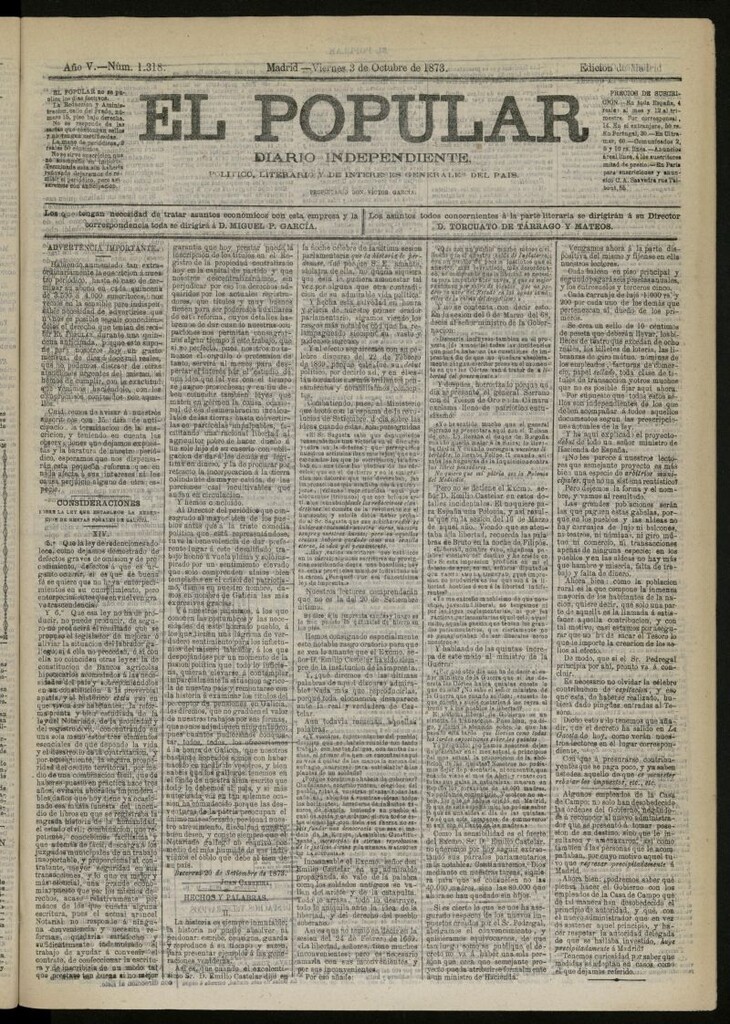 Miniatura de El Popular: diario independiente, político, literario y de noticias de interés general del 3 de octubre de 1873, nº 1318