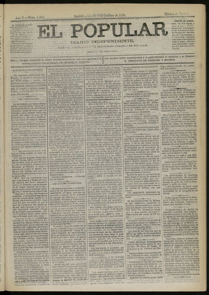 Miniatura de El Popular: diario independiente, político, literario y de noticias de interés general del 4 de octubre de 1873, nº 1319