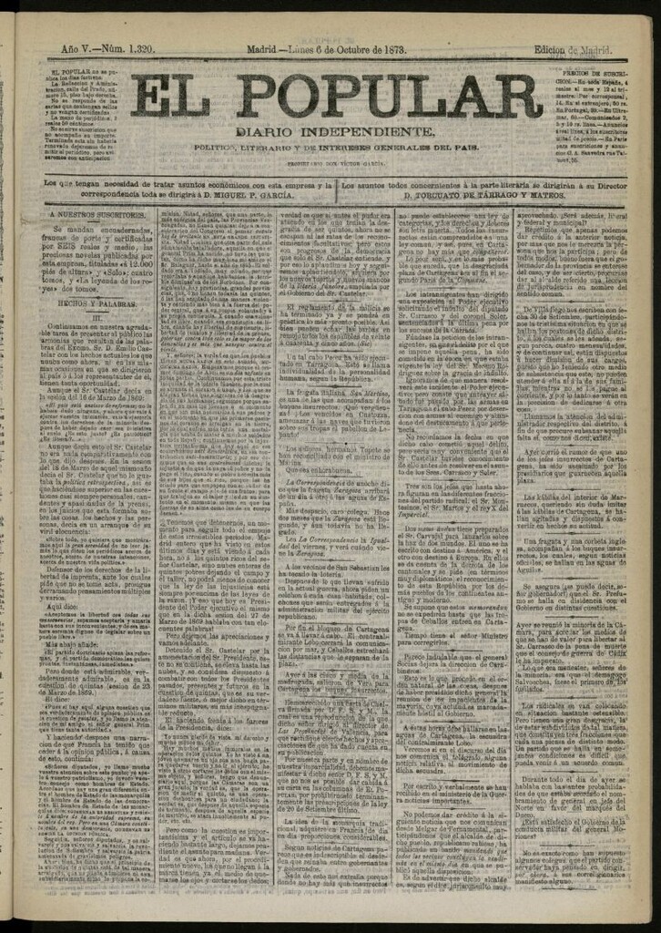 Miniatura de El Popular: diario independiente, político, literario y de noticias de interés general del 6 de octubre de 1873, nº 1320