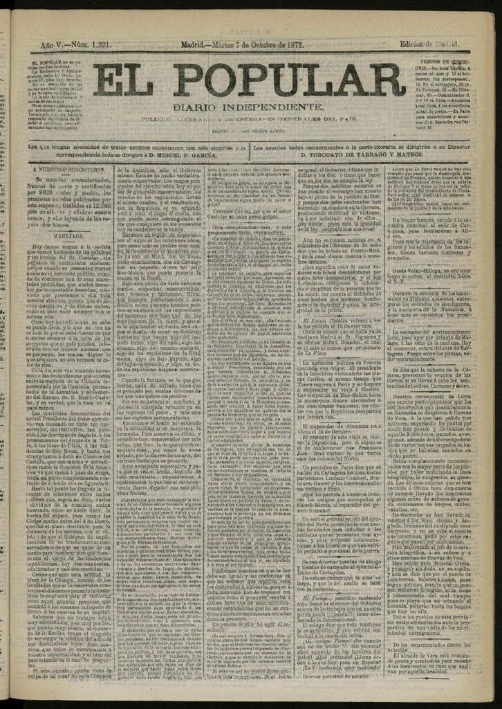 Miniatura de El Popular: diario independiente, político, literario y de noticias de interés general del 7 de octubre de 1873, nº 1321
