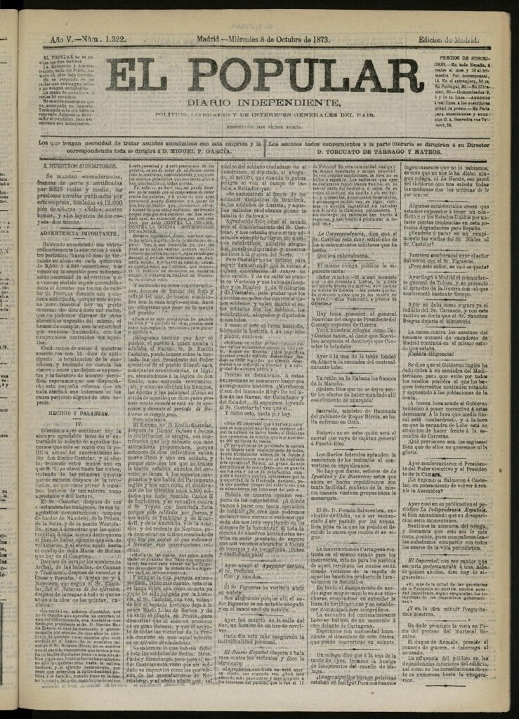 Miniatura de El Popular: diario independiente, político, literario y de noticias de interés general del 8 de octubre de 1873, nº 1322