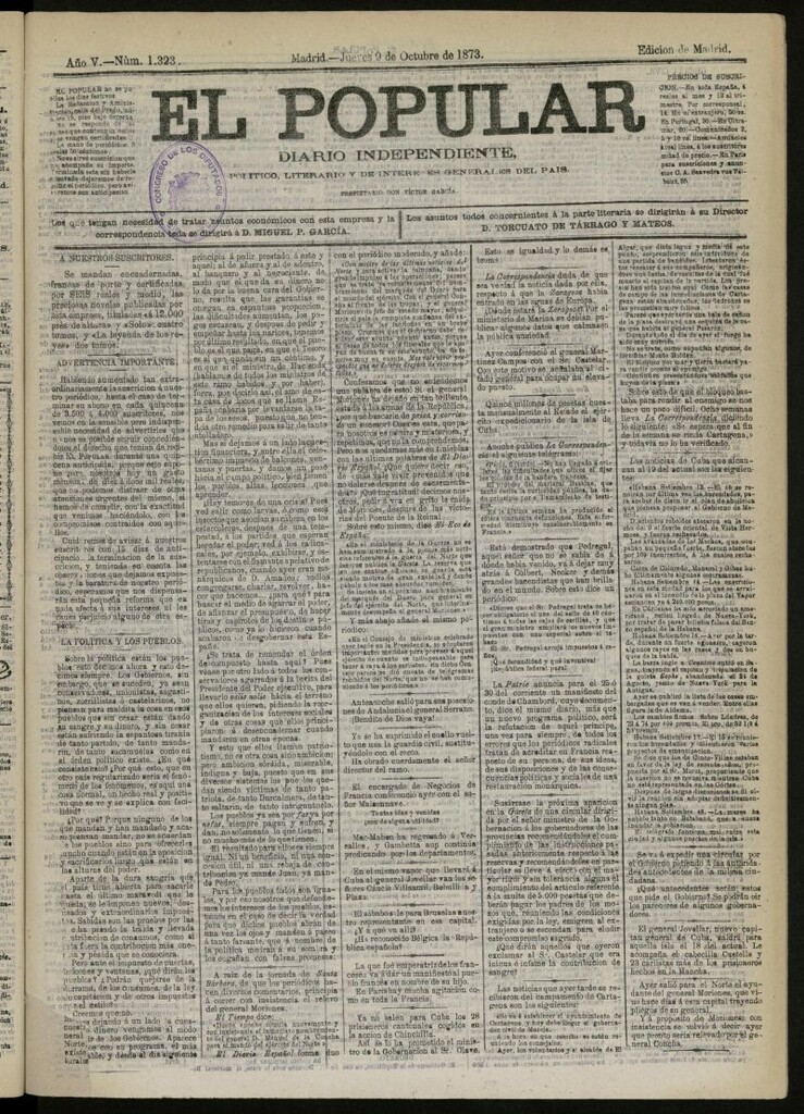 Miniatura de El Popular: diario independiente, político, literario y de noticias de interés general del 9 de octubre de 1873, nº 1323