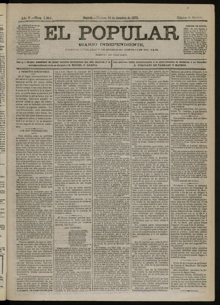 Miniatura de El Popular: diario independiente, político, literario y de noticias de interés general del 10 de octubre de 1873, nº 1324
