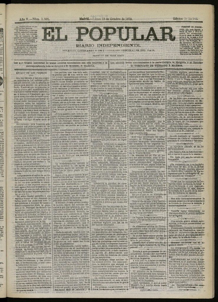 Miniatura de El Popular: diario independiente, político, literario y de noticias de interés general del 13 de octubre de 1873, nº 1326