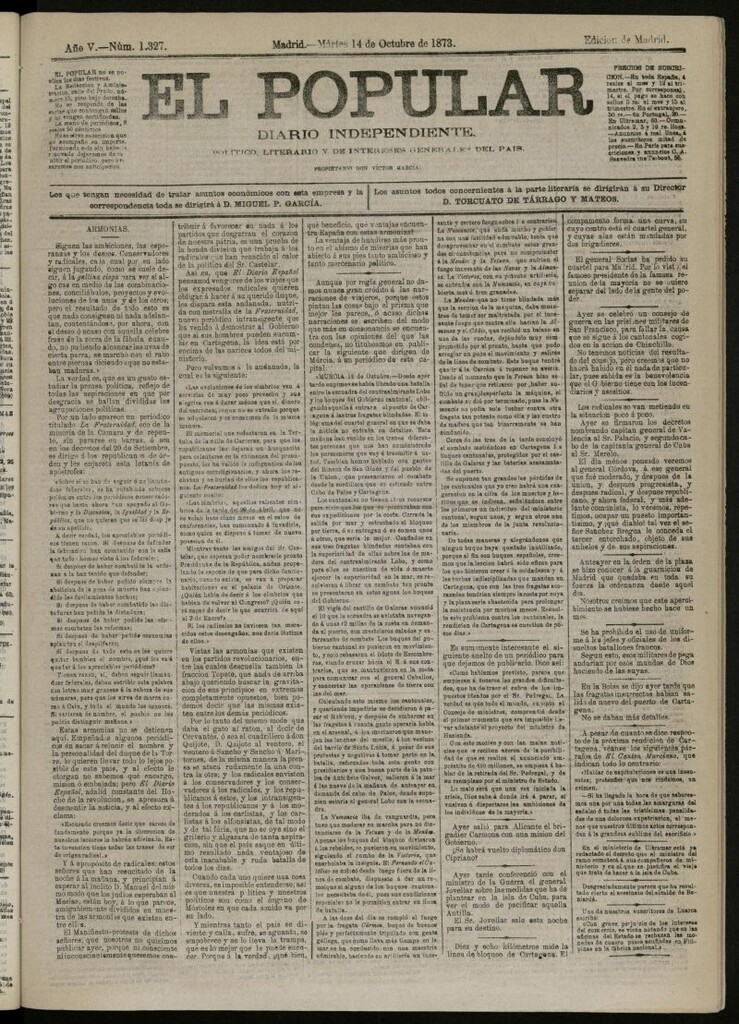 Miniatura de El Popular: diario independiente, político, literario y de noticias de interés general del 14 de octubre de 1873, nº 1327