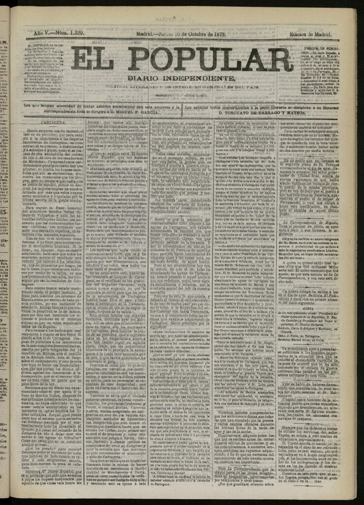 Miniatura de El Popular: diario independiente, político, literario y de noticias de interés general del 16 de octubre de 1873, nº 1329