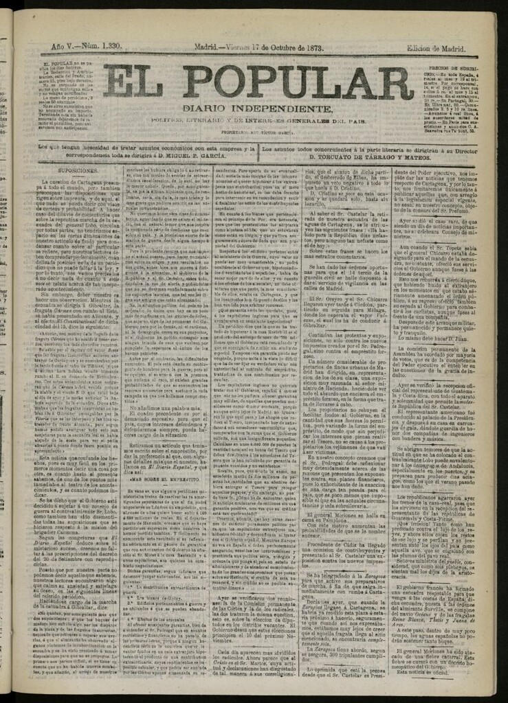 Miniatura de El Popular: diario independiente, político, literario y de noticias de interés general del 17 de octubre de 1873, nº 1330