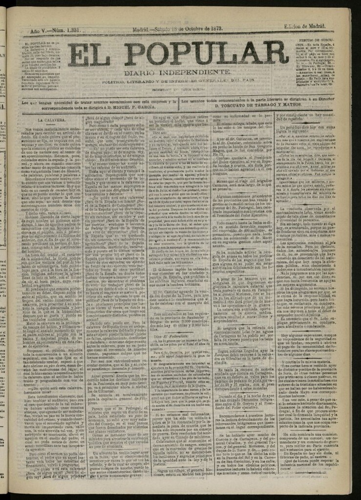 Miniatura de El Popular: diario independiente, político, literario y de noticias de interés general del 18 de octubre de 1873, nº 1331
