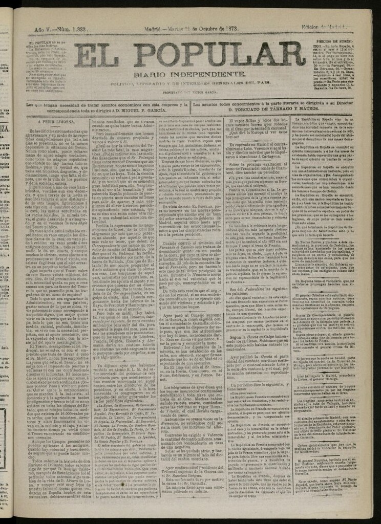 Miniatura de El Popular: diario independiente, político, literario y de noticias de interés general del 21 de octubre de 1873, nº 1333